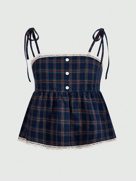 Blue Casual Collar  Woven Fabric Plaid,Tartan Cami Embellished Non-Stretch  Women Plus Clothing Vintage Romper, Women Blouses Fashion, Fashion Top Outfits, Lace Cami Top, Plus Size Tank Tops, Plaid Fashion, Lace Cami, Vintage Plaid, Lace Tank Top