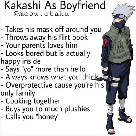 Kakashi as boyfriend @meow.otaku Kakashi Hokage, Kakashi Sensei, Naruto Cute, Naruto Kakashi, Boyfriend Humor, Haikyuu Characters, Naruto Funny, Anime People, Kakashi Hatake