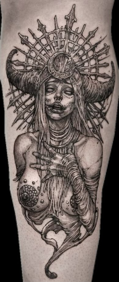 Cool Men Tattoos Arm, Vintage Gothic Tattoo, Dark Art Tattoo Mythology, Devil Tattoo For Women, Enchantress Tattoo, Unholy Tattoo, Demon Woman Tattoo, Lucifer Tattoos, Dark Gothic Tattoo Ideas