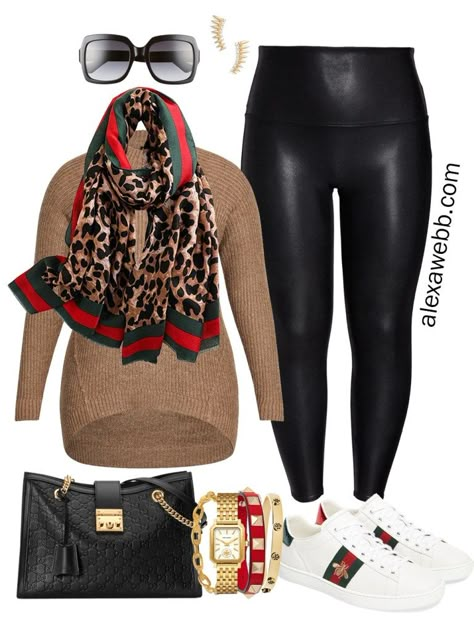 Plus Size Gucci Scarf Outfits - Part 2 - Alexa Webb Gucci Scarf Outfit, Outfits With Faux Leather Leggings, Scarf Outfit Ideas, Short Plus Size Fashion, Black Parka Jacket, Faux Leather Leggings Outfit, Scarf Outfits, Alexa Webb, Winter Mode Outfits