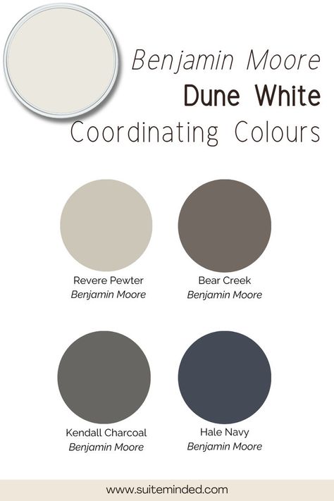 Dune White pairs beautifully with muted warm tones. Consider darker greiges like BM Revere Pewter, browns or taupes like BM Bear Creek, blue-greens, muted dark blues such BM Hale Navy, or dark greys like BM Kendall Charcoal. Benjamin Moore Dune White, Bm Hale Navy, White Paint Colours, Bm Revere Pewter, Kendall Charcoal, Hale Navy, Revere Pewter, White Paint Colors, Neutral Undertones