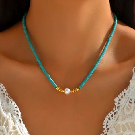 Cute, But Elevated, 18k Gold Plated Choker Necklace In Turquoise Mix Is A Trendsetter's Secret Weapon To Nailing A Cool-Meets-Chic Style.This Choker Necklace Is A Playful Piece That'll Freshen Up Any Look.The Perfect Gift For The One You Love. Item Details: * Process: Handmade * Item Type: Choker Necklace * Plated: 18k Golden Plated * Natural Stone: Turquoise * Mosaic Material: Fresh Water Pearl * Main Material: Fresh Water Pearl * Style: Elegant,Vacation * Closure: Lobster Clasp * Quantity: 4 ( Chunky Stone Necklace, Large Pearl Necklace, Turquoise Jewelry Set, Chokers Necklace, Homemade Necklaces, Beaded Boho Necklace, Coastal Jewelry, Turquoise Beaded Necklace, Vacation Jewelry