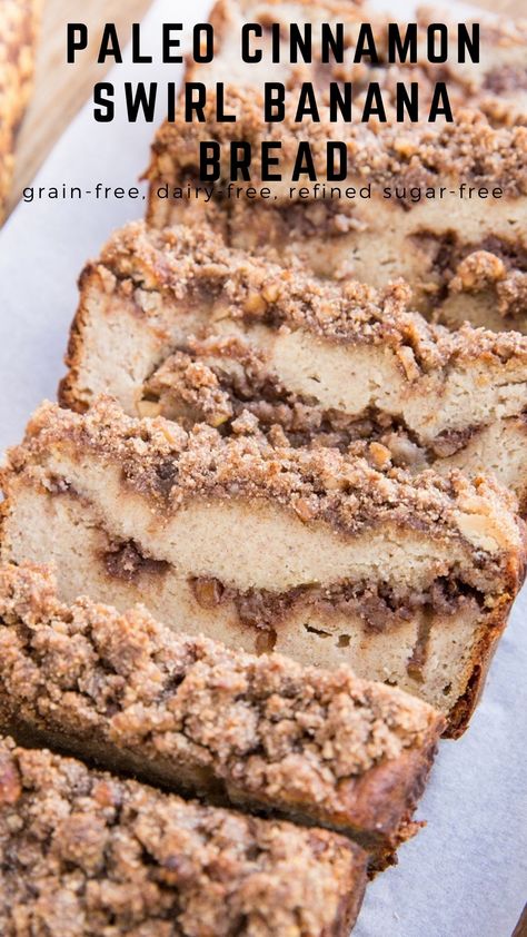 Paleo Cinnamon Swirl Banana Bread - The Roasted Root Whole 30 Banana Dessert, Paleo Quick Bread, Paleo Baked Goods, Healthy Monkey Bread, Paleo Banana Recipes, Banana Bread Paleo, Paleo Dessert Recipes, Cinnamon Swirl Banana Bread, Banana Coffee Cakes