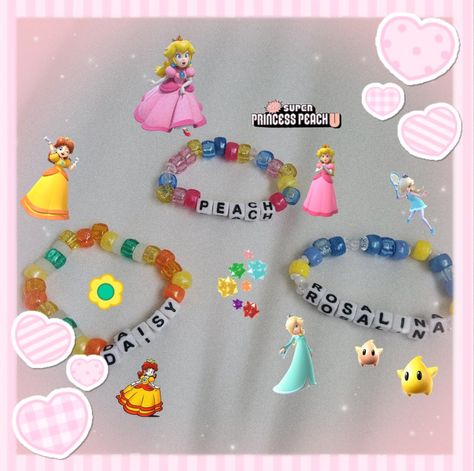 Super Mario Kandi, Princess Peach Bracelet, Mario Bracelet, Mario Kandi, Super Mario Princesses, Mario Princesses, Rave Bracelets, Peach Bracelet, Pulseras Kandi