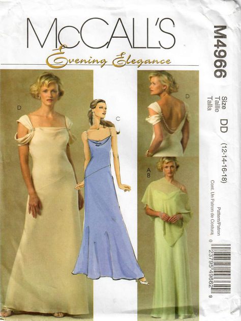 MCCALL'S 4966: Use this earlier 2000s sewing pattern for misses to sew an elegant evening gown or formal dress with diagonal seam interest and bare back, and a coordinating gauzy evening poncho. SIZE INFORMATION: Misses Size 12-14-16-18 Bust 34-36-38-40 inches Waist 26-28-30-32 inches Hip 36-38-40-42 inches PATTERN CONDITION: COMPLETE, UNUSED Instructions and all pattern pieces (uncut and in original folds) GARMENT INFORMATION: Dress details: - fitted bodice with diagonal drop waistline - camiso Homemade Dresses, Bridal Sewing Patterns, Evening Gown Pattern, Pearl Straps, 2000s Dress, Bias Dress, Gown Sewing Pattern, Homemade Dress, Fashion Australia