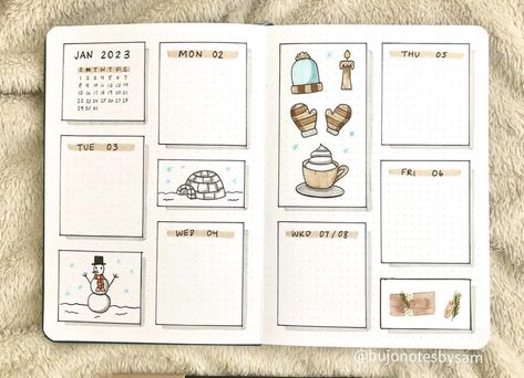 Winter Bujo, December Bullet Journal Weekly, December Bullet Journal Weekly Spread, December Calendar Bullet Journal, December Title Page Bullet Journal, December Weekly Spread Bullet Journal, Bullet Journal Christmas Theme, Bullet Journal January Spread, Bullet Journal Lists