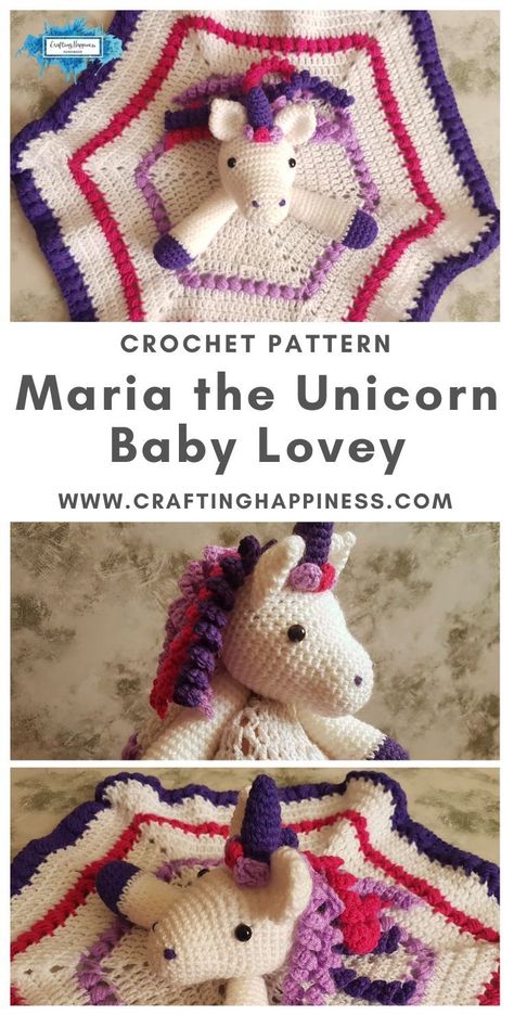 Maria the Unicorn Lovey is a crochet pattern for a cute baby security blanket. Make this animal baby lovey with this easy crochet pattern from Crafting Happiness #crochetblankets #crochetafghans #babylovey #babysecurityblanket #crochetstitches #crochetpatterns #crochetanimals #crochetforbaby #crochetprojects #crochetbaby #babyblankets #nurseryideas #babiesnursery #animallovey Crochet Bin, Crochet Goat, Unicorn Lovey, Crochet Lovey Free Pattern, Bunny Blanket, Lovey Pattern, Crochet Lovey, Baby Security Blanket, Lovey Blanket