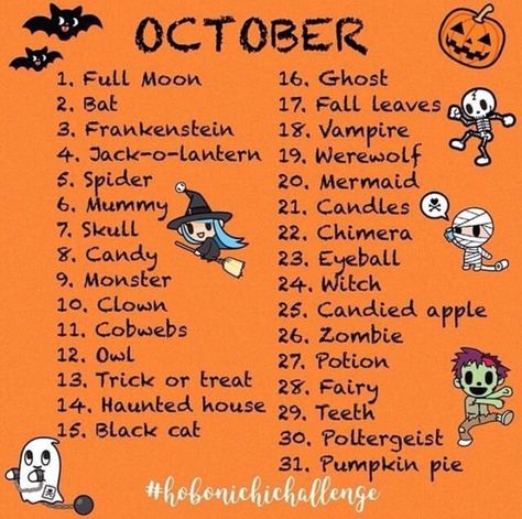 October Themes, Halloween Drawing Ideas, Doodle Challenge, 30 Day Art Challenge, Art Journal Challenge, 30 Day Drawing Challenge, Journal Challenge, Drawing Ideas List, Drawing Prompts