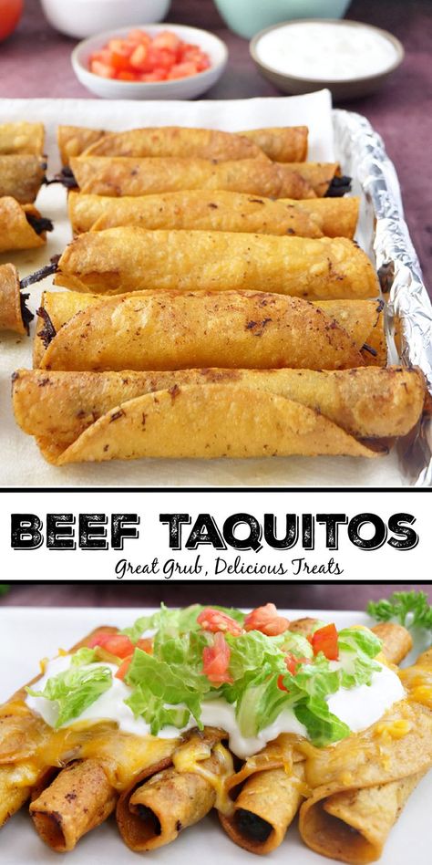 A double photo collage of beef taquitos on a cookie sheet and on a white plate topped with sour cream, lettuce, and diced tomatoes. Taquitos Shredded Beef, How To Make Taquitos Beef, Home Made Taquitos Beef, Taquitos For A Crowd, Easy Beef Taquitos, Baked Beef Taquitos Recipe, Leftover Roast Beef Taquitos, Roast Beef Taquitos, Keto Taquitos Beef