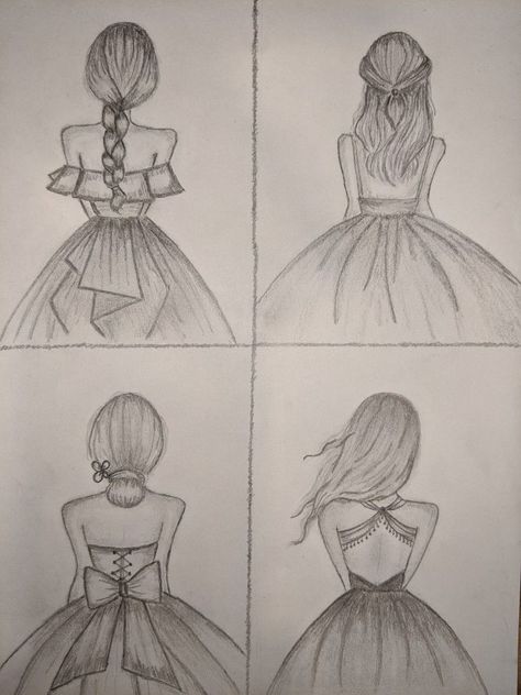 Pencils help me find beauty in the details.” “Sketching is where my soul finds its true colors.” “Pencils bring my thoughts to life on paper.” “In every pencil sketch, there's a story to share.” Simple Drawing Clothes, How To Draw A Dress From The Back, Back View Dress Drawing, Dress Outfits Drawing Easy, How To Draw A Person From The Back, Back Of Dress Drawing, Pencil Drawings Dresses Sketch, People Colouring Pages, Easy Fashion Sketches For Beginners