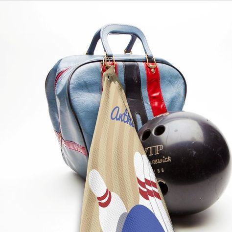 Bowling Ball and Pins Personalized Towel Bowling Bag, Bowling Pins, Golf Towels, Golf Gear, Bowling Bags, Bowling Ball, Striped Background, Personalized Towels, Script Lettering