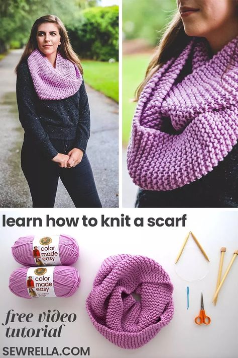 How to Knit a Scarf - no experience needed! Learn to knit with my easy video tutorial to make an infinity loop scarf #freepattern #howtoknit Easy Infinity Scarf Knit Pattern, Easy Knit Scarf, Yarn Stitching, Knit A Scarf, Knitted Scarfs, Infinity Scarf Knitting Pattern, Basic Knitting, Knitting Scarf, Learn To Knit