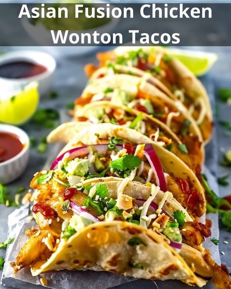 Wonton Tacos Recipe, Chicken Wonton Tacos, Fried Chicken Taco, Mexican Fusion, Wonton Tacos, Chicken Wontons, Fast Recipes, Asian Fusion, Recipe Ingredients