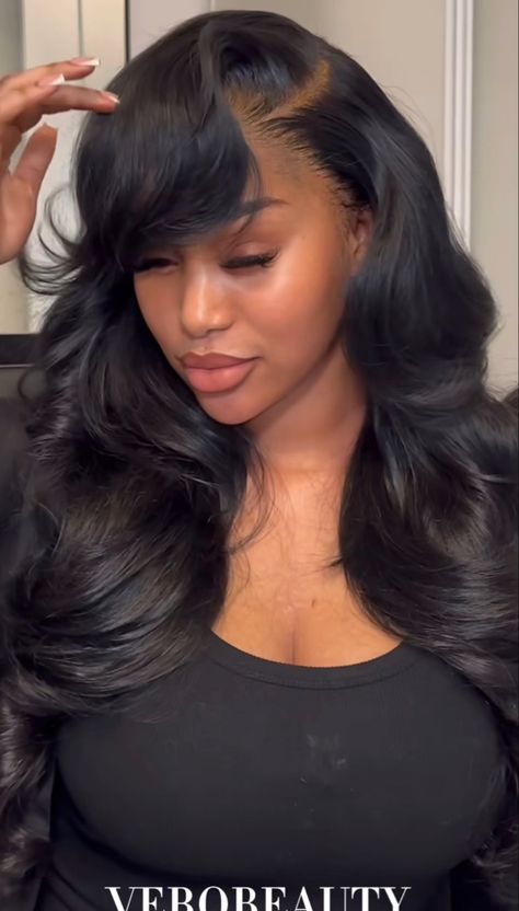 Long Layered Lace Front Wigs, Layered Wig Side Part, Side Part With Layers Wig, Side Part With Layers And Curls, Deep Side Part With Layers, Side Part Layered Curls, Wig With Layers Black Women, Grown Women Era, Color Hairstyles For Black Women