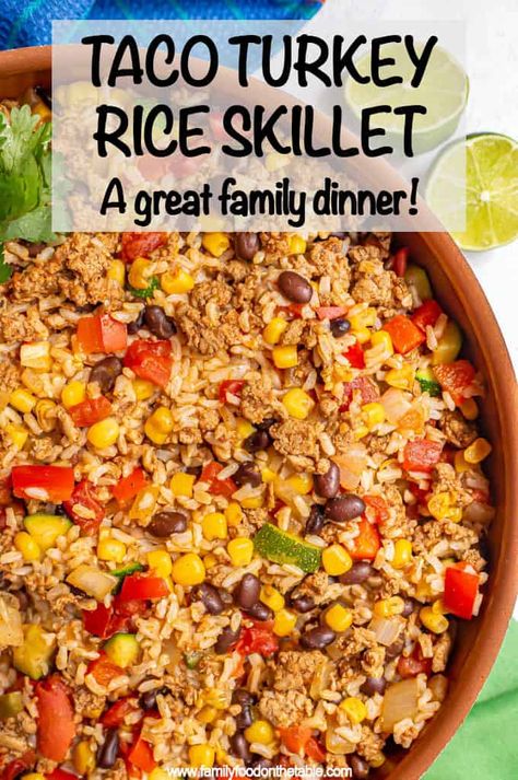 Turkey taco rice skillet is an easy 20-minute one-pot dinner with ground turkey, fluffy brown rice (or white rice) and all your favorite taco flavors! Great for a quick weeknight meal! #turkey #groundturkey #tacos #brownrice #easydinner #dinnerideas Quick Healthy Meals Ground Turkey, Ground Turkey Recipes Mexican, Turkey Rice Skillet, Ground Turkey And Rice Recipes, Dinner With Ground Turkey, Taco Rice Skillet, Fluffy Brown Rice, Ground Turkey Enchiladas, Ground Turkey Recipes Easy