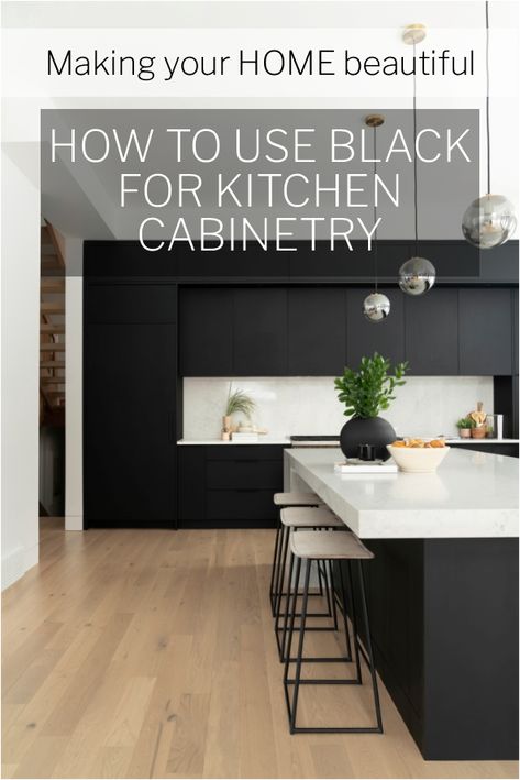 How to use black for kitchen cabinetry - Making your Home Beautiful Black Wall Cabinets Kitchen, Black Bottom White Top Cabinets, Black Kitchens Cabinets, Black Kitchen Black Handles, Black Cabinetry Kitchen, Apartment Kitchen Black And White, Black White Walnut Kitchen, Matt Black Kitchen Cabinets, Black Kitchens Modern