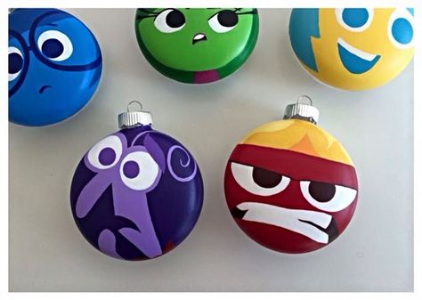 Inside Out Ornaments                                                                                                                                                                                 More Inside Out Ornaments Diy, Painted Disney Ornaments, Inside Out Christmas Tree, Inside Out Christmas, Diy Disney Christmas Ornaments, Diy Disney Ornaments, Painting Christmas Ornaments, Disney Ornaments Diy, Disney Tree