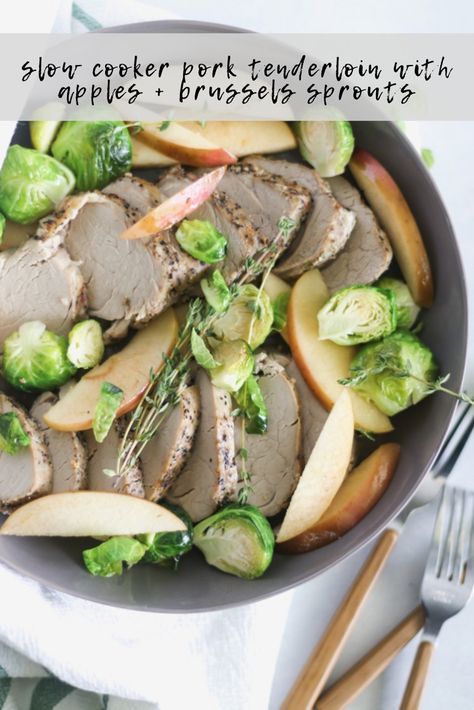 slow cooker pork tenderloin with apples + brussels sprouts [paleo, whole 30, clean] #slowcooker #paleorecipes Pressure Cooker Pork Tenderloin, Pork Tenderloin With Apples, Pork Chops And Applesauce, Apple Pork Tenderloin, Slow Cooker Pork Tenderloin, Comfort Dinner, Instant Pot Pork, Roasted Brussels Sprouts, Delicious Soup Recipes