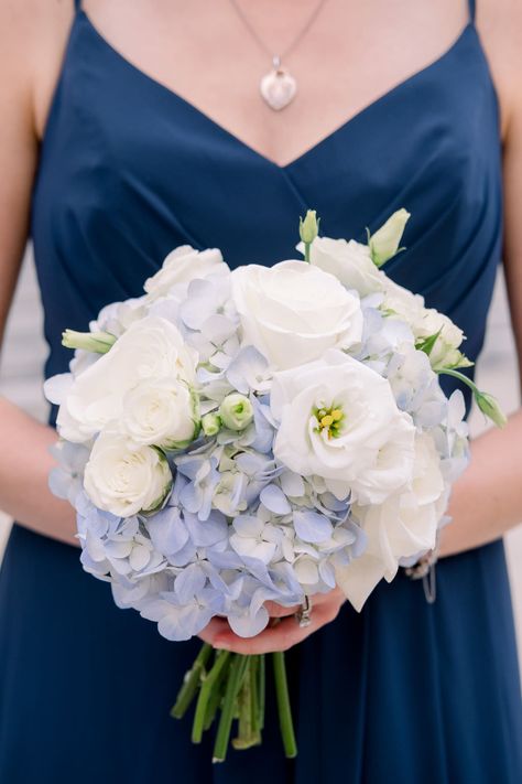 Tampa Bay Bridesmaid in Navy Blue Dress with White, Ivory, Pale Blue Floral Bouquet | Tampa Wedding Planner Breezin Entertainment Periwinkle And Navy, Pink Hydrangea Wedding, Blue Floral Bouquet, Navy Blue Bridesmaid Dresses, Light Blue Wedding, Dress Light Blue, Bella Bridesmaid, Prom Flowers, Tampa Wedding