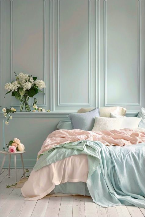 Peach And Blue Bedroom, Light Blue And Pink Bedroom, Powder Blue Bedroom, Plum Christmas, Blue And Pink Bedroom, Room Palette, Tanning Studio, Light Blue Bedroom, Beautiful Bedroom Colors