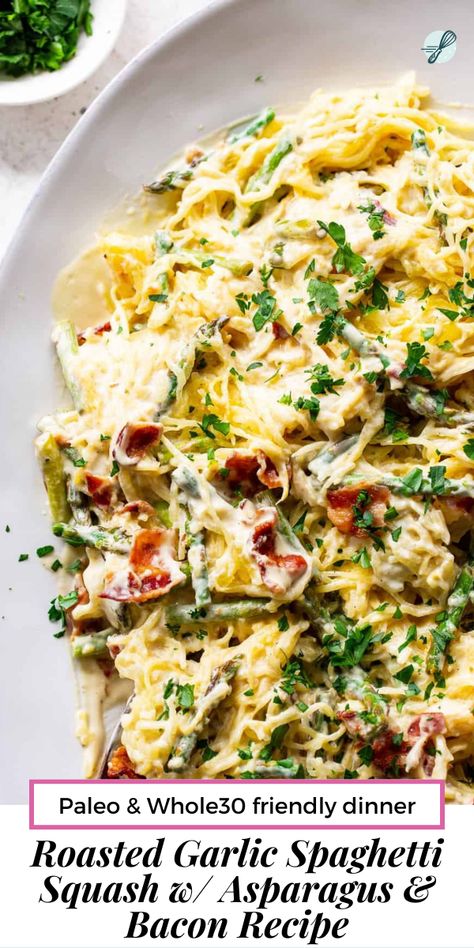 This roasted garlic spaghetti squash has a creamy savory sauce with crispy bacon plus sautéed asparagus. It’s flavor packed, low in carbs, paleo and Whole30 friendly. I’ve come to love making cheesy dairy free sauces with cashews. Learn how in this recipe, perfect for a cozy dinner. Roasted Garlic Spaghetti Squash, Roasted Garlic Spaghetti, Garlic Spaghetti Squash, Fwtfl Recipes, Ww Sides, Sautéed Asparagus, Paleo Spaghetti, Themed Meals, Inflammatory Meals