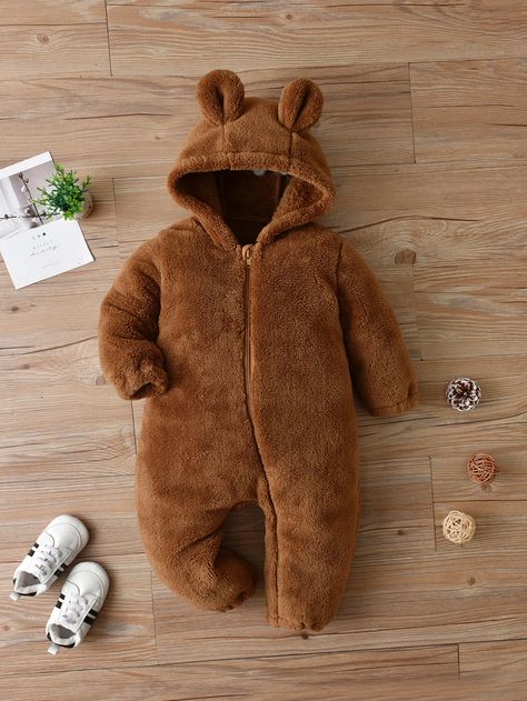 Baby 3D Ear Patched Hooded Zipper Flannel Jumpsuit Newborn Baby Onesies, Carters Baby Clothes, Classic Baby Clothes, Baby Boy Pajamas, Baby Doll Accessories, Online Kids Clothes, Baby Jumpsuit, Baby Boy Onesies, Animal Ears