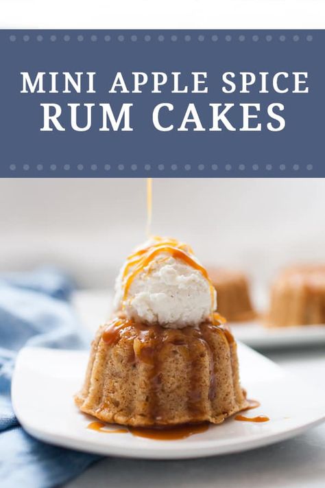 This is the perfect fall dessert to make! Apple Spice Mini Rum Cakes are a twist on pound cake, made with fall spices like cloves, ginger and allspice, spiced rum and crisp apples. Serve it with a homemade spiced rum caramel sauce and top with a scoop of vanilla bean ice cream. via @joyfullymad Mini Rum Cakes, Spiced Rum Cake, Rum Desserts, Rum Cakes, Dessert Apple, Apple Spice Cake, Apple Spice, Boozy Desserts, Mini Bundt Cakes