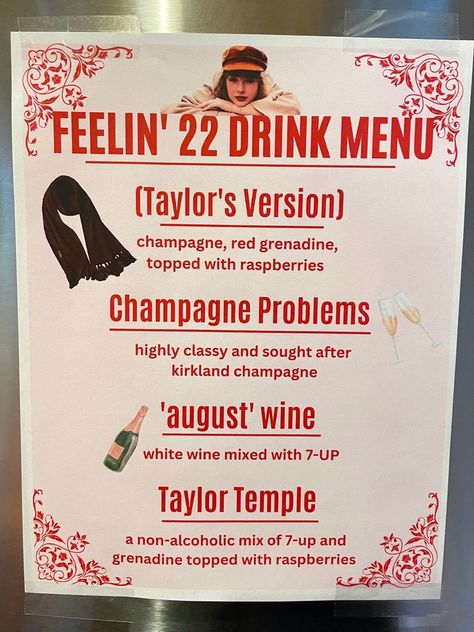 T Swift Birthday, Taylor Swift Red Era Party, Taylor Swift Folklore Inspired Drinks, Taylor Birthday Party Ideas, Taylor Swift Cocktail Drink, Taylor Swift Themed 22nd Birthday, Taylor Swift Birthday Party Ideas Red, Taylor Swift 22 Party Ideas, Taylor Swift Eras Drinks