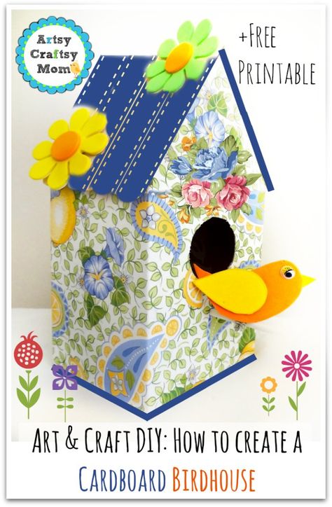 How to make a cardboard birdhouse - Free Video Tutorial + Template Spring is just around the corner and the weather is warming up! It’s time for the birds and flowers to take over the general gloominess of winter. Besides, February is Bird Feeding Month in the United States, perfectly timed with the season! So, this time, we’ve got a little birdhouse craft that’s really easy to make with your regular craft supplies. Cardboard Bird House, Cardboard Birdhouse, Cardboard Bird, Diy Puppets, Daycare Art, Birdhouse Craft, Cardboard Craft, Wooden Bird Houses, Bird House Kits