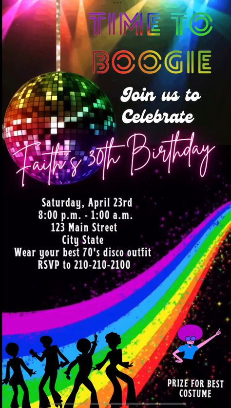 Get ready to dance with our Rainbow Disco video invitation! Featuring vibrant rainbow colors, funky disco ball designs, and groovy animations, this invite sets the stage for a night of fun and excitement. Perfect for birthdays, themed parties, or any celebration, it invites your guests to put on their dancing shoes and join us for a colorful disco extravaganza. #RainbowDisco #DiscoParty #CelebrateInStyle #GroovyInvite #ColorfulCelebration #DanceTheNightAway #FunAndExcitement #birthday #shindigs #disco Disco Invite, Disco Video, Rainbow Disco Ball, 70s Party Theme, Musica Disco, 80s Disco, Rock Star Party, Disco Theme, Dancing King