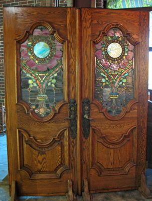 antique ornately carved stained glass double entry doors Stained Glass Doors Entrance Vintage, Antique Stained Glass Windows Victorian Front Doors, Stained Glass French Doors Interior, Stained Glass Double Doors, Modern Entrance Design, Stained Glass Front Door, Double Entry Door, Exterior Front Door Colors, Victorian Ideas