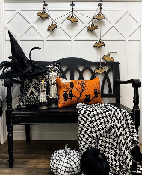 Bench Fall Decor, Elegant Halloween Decor, Elegant Halloween, Bench Decor, Holiday House, Cozy Throws, Home Tour, Halloween Witch, House Tours