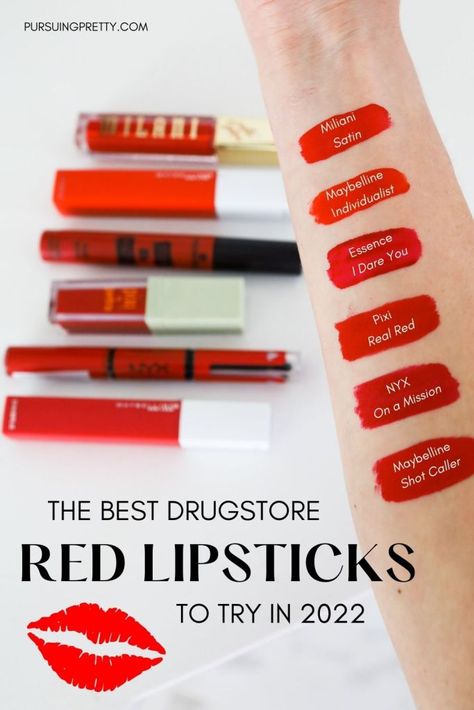 Red Lipstick Drugstore, Nyx Red Lipstick, Drugstore Red Lipstick, Best Drugstore Red Lipstick, Red Lipstick Swatches, Red Lipstick Tips, Blue Red Lipstick, Korean Lipstick, Lipstick Products