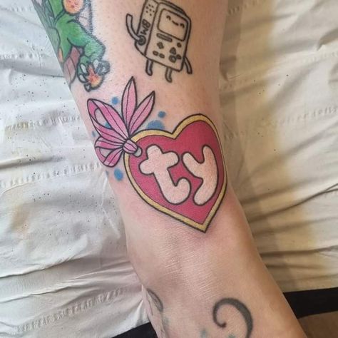 90s Style Tattoo Ideas, Yo Gabba Gabba Tattoo, 90s Theme Tattoo Sleeve, Claw Machine Tattoo, Beanie Baby Tattoo, 2000s Nostalgia Tattoo, Ty Tattoo, Lisa Frank Tattoo, 90s Tattoo Ideas