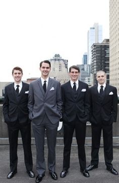 Groom in Grey, groomsmen in Black actually looks good Purple And Black Wedding, Black Groomsmen Suits, Black Groomsmen, Black And Grey Suit, Groom Suit Black, Gray Groomsmen Suits, Birch Wedding, Groomsmen Grey, Groom And Groomsmen Suits