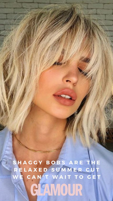 Blond Shaggy Bob With Bangs, Rock And Roll Short Hair, Shaggy Bob For Medium Hair, Short Women’s Haircuts For Thick Hair, Platinum Shaggy Bob, Shag Bob For Thick Hair, Bob Shaggy Haircuts, Blonde Choppy Bob With Bangs, Blonde Shag Bob With Bangs