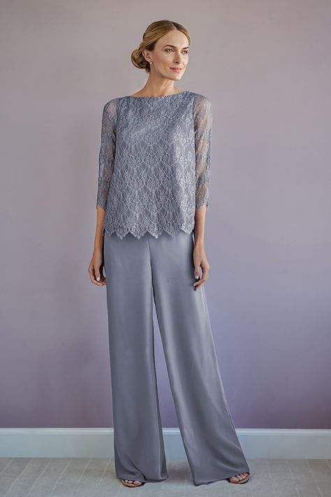 M220009 Metallic Lace Jacket with Charlotte Chiffon Pant Mother Of The Groom Pant Suits, Formal Pants Outfit Wedding, Elegant Pants Suits Wedding, Dressy Pants Outfits For Wedding, Formal Pant Suits For Women, Wedding Pants Outfit, Wedding Trouser Suits, Wedding Guest Pants, Semi Formal Wedding Attire