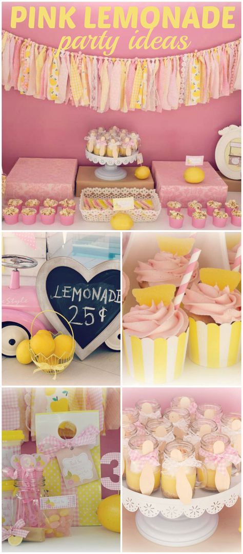 Loving this pink and yellow lemonade party! See more party ideas at CatchMyParty.com! Pink Lemonade Baby Shower Theme, Lemonade Party Theme, Preppy Bday, Yellow Birthday Party, Lemonade Stand Birthday, Lemonade Stand Party, Pink Lemonade Party, Lemon Theme, Baby Theme