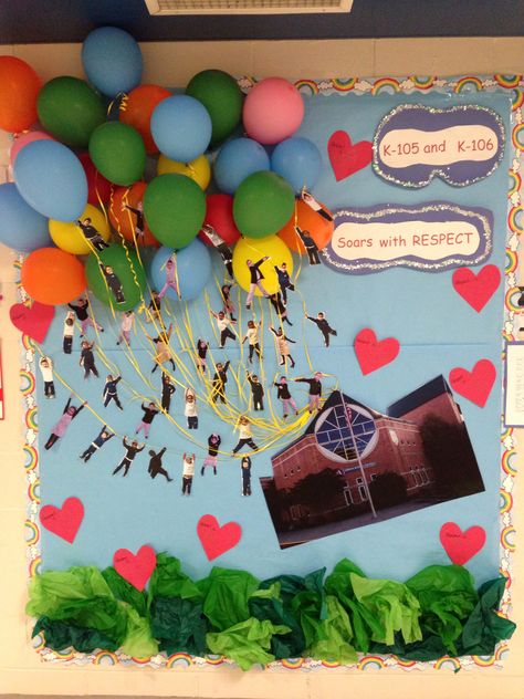 Bulletin board for the week of Respect inspired by the movie UP! Bulletin Board Balloons, Respect For All Bulletin Board, Respect Bulletin Boards, Door Decorations College, 100 Días De Clases, Teacher Appreciation Doors, Red Ribbon Week, Preschool Bulletin Boards, School Displays