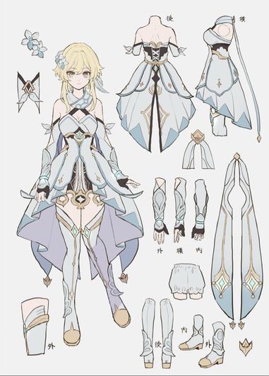 Lumine Character Design, Lumine Outfit Genshin Impact, Lumine Character Sheet, Genshin Lumine Outfit, Lumine Reference Sheet, Lumine Full Body Genshin, Female Character Design Sheet, Lumine Outfit Designs, Genshin Impact Character Sheet