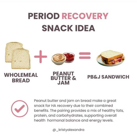 Peanut butter and jam on bread makes a great snack for HA (period loss) recovery due to their combined benefits. 🍞 The pairing provides a mix of healthy fats, protein, and carbohydrates, supporting overall health hormonal balance and energy levels. Are you currently in HA recovery and don’t know what the best way to nourish your body is? ✨ I know how frustrating it is when your period goes MIA, leaving you feeling stressed and unsure of what to do next. The endless cycle of trying and ... Period Snacks, Period Recovery, Bread Jam, Recovery Food, Butter Bread, Breakfast Salad, Hormonal Balance, Nourish Your Body, Breakfast Meal Prep