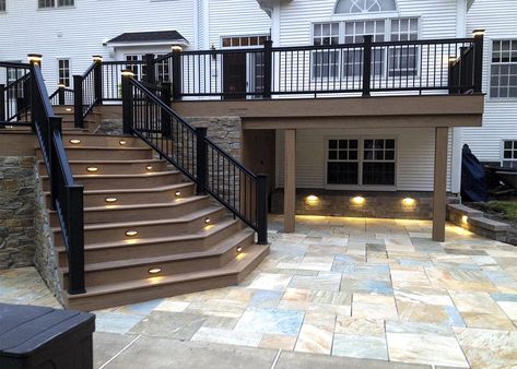 Custom TimberTech Deck/Patio, Pittsford NY | Sq Ft | Keystone Custom Decks Deck Lighting Ideas, Deck Pictures, Deck Accessories, Deck Steps, Deck Porch, Backyard Remodel, Backyard Pergola, Stair Lighting, Shade Canopy