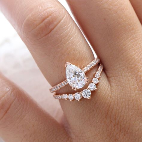 Moissanite Engagement Ring Gold, Pear Moissanite Engagement Ring, Rose Gold Moissanite Ring, Moissanite Engagement Ring Rose Gold, Single Stone Ring, Matching Wedding Rings, Pear Cut Engagement Rings, Pave Diamond Band, Pear Shaped Engagement Rings