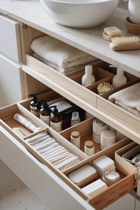 How To Organize A Deep Bathroom Drawer: Efficient Storage Tricks Bathroom Cleaning Organization, Bathroom Organisation Aesthetic, Organizing Ideas Drawers, Bathroom Drawer Ideas, Bathroom Design Storage, Bath Organization Ideas, Bathroom Hidden Storage, Bathroom Built In Storage, Deep Bathroom Drawer Organization