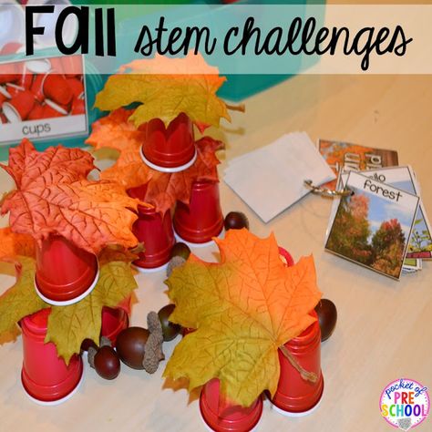 Fall Stem Challenge Kindergarten, Fall Stem Activities Kindergarten, Pocket Of Preschool Fall, Leaves Stem Activities Preschool, Leaves Unit Preschool, Fall Activity Kindergarten, Fall Independent Activities Preschool, Fall Science Center Preschool, Fall Stem Activities Preschool