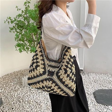 Erhuoxz Straw Shoulder Tote Bag for Women, Woven Beach Tote Bag with Zipper Large Summer Handbag Boho Bag Beach Purse, Trendy Travel Bags, Straw Weaving, Bag Summer, Woven Tote Bag, Summer Bag, Woman Weaving, Straw Tote, Crochet Tote