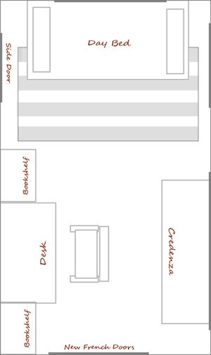 Turning Office Into Bedroom, Day Bed Layout Ideas, Office Space With Daybed, Multipurpose Bedroom Layout, Guest Room Office Combo Ideas Layout, Day Bed Office Combo Layout, Guest Bed Office Combo Small, Office With Queen Size Bed, Home Office With Daybed Layout Guest Room