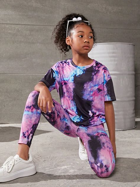 Multicolor Casual Collar Short Sleeve  Tie Dye  Embellished Medium Stretch  Tween Girls Clothing Drop Shoulder Tee, Tie Dye Outfits, Shirt Pant Set, Girls Tie, Leggings Set, Trendy Shorts, Shirt And Pants, Tops For Leggings, Girls Clothing