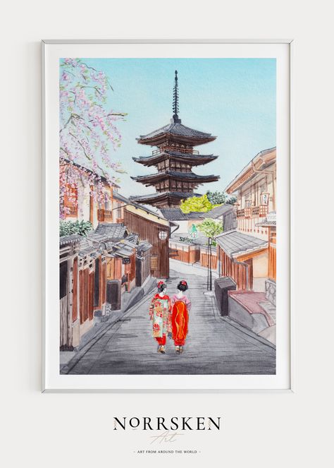 This watercolor painting of Kyoto in Japan was created from my own original paintings and was printed in high-resolution images so you can download them instantly and print them yourself, either at home or by using a professional printing service! It’s an easy way to get high-quality artwork for less money than a physical art print. #kyoto #japan #watercolor #walldecor #printableart #painting #cityscape #asia #japaneseart #travel #gift Japan Watercolor, Kyoto Art, Japan Wall Art, Japan Painting, Art Japan, Spring Wall Art, Art Aquarelle, Samurai Art, Watercolor Art Lessons