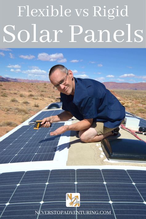 Man on roof of RV checking flexible solar panels for hotspots Solar Panels For Rv, Motorhome Life, Rv Solar Panels, Solar Panel Mounts, Rv Solar, Rv Repair, Flexible Solar Panels, Tiny House Trailer, Rv Storage